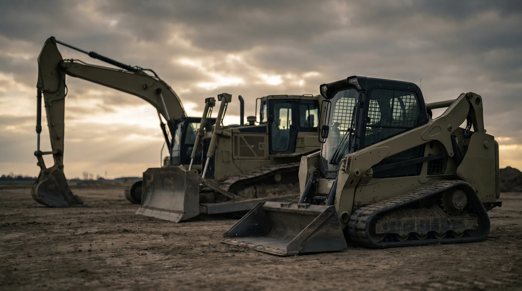 Heavy earthmoving equipment lined up at dusk
