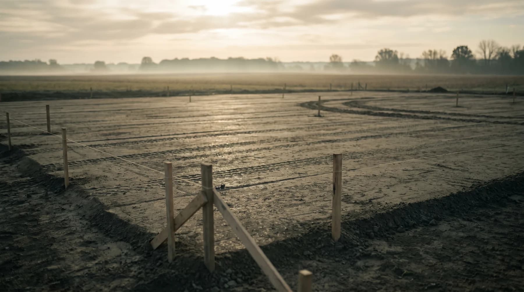 A laser-graded building pad with survey stakes, ready for construction