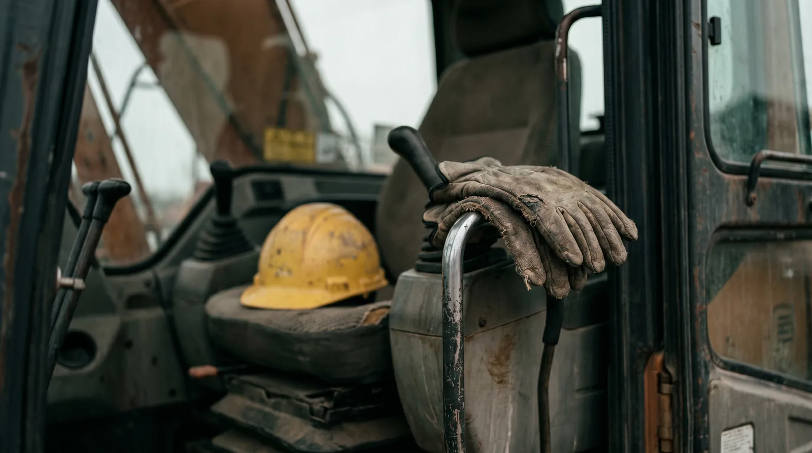Hard hat resting on heavy equipment